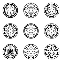 Different types of car wheels. Vector thin line
