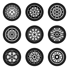 Set of various types of car wheels