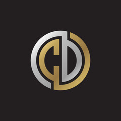 Initial letter CD, CO, looping line, circle shape logo, silver gold color on black background