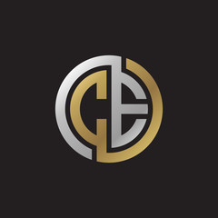 Initial letter CE, looping line, circle shape logo, silver gold color on black background