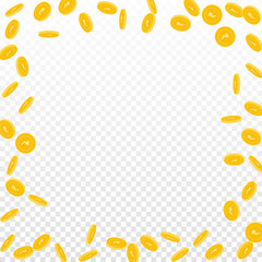 Indian rupee coins falling. Scattered sparse INR coins on transparent background. Positive chaotic border vector illustration. Jackpot or success concept.
