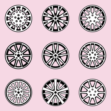 Set of car wheel icons on pink backgrounds. Vector thin line