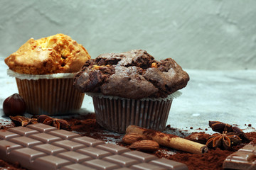 Chocolate muffin and nut muffin, homemade bakery on grey background