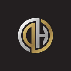 Fototapeta premium Initial letter DH, OH, looping line, circle shape logo, silver gold color on black background