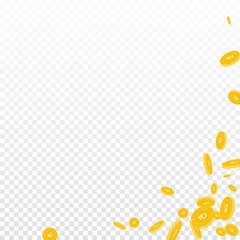 Russian ruble coins falling. Scattered disorderly RUB coins on transparent background. Beauteous abstract right bottom corner vector illustration. Jackpot or success concept.