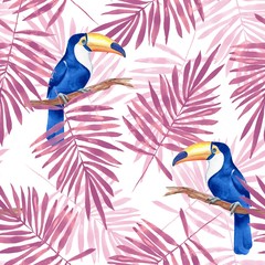 Palm leaves and Toucan. Watercolor tropical seamless pattern