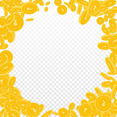 Indian rupee coins falling. Scattered floating INR coins on transparent background. Rare corner frame vector illustration. Jackpot or success concept.