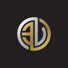 Initial letter EV, EU looping line, circle shape logo, silver gold color on black background