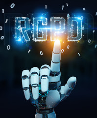 White cyborg hand using digital GDPR interface 3D rendering