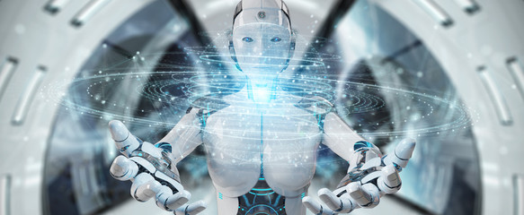 White robot woman using digital triangle exploding sphere hologram 3D rendering