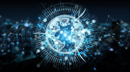 Globe network hologram with America Usa map 3D rendering