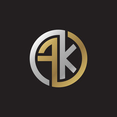 Initial letter FK, looping line, circle shape logo, silver gold color on black background