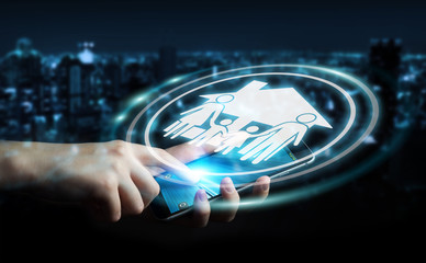 Businesswoman using family care insurance application 3D rendering