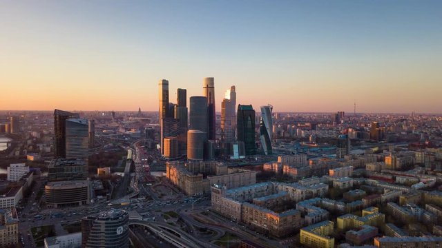 sunset sky moscow city traffic street aerial panorama 4k timelapse russia
