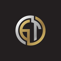 Initial letter GT, looping line, circle shape logo, silver gold color on black background