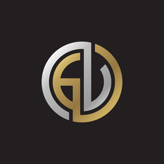 Initial letter GV, GU, looping line, circle shape logo, silver gold color on black background