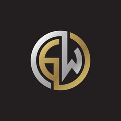 Initial letter GW, looping line, circle shape logo, silver gold color on black background