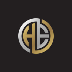 Initial letter HE, looping line, circle shape logo, silver gold color on black background