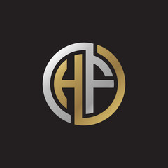 Initial letter HF, looping line, circle shape logo, silver gold color on black background