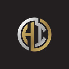 Initial letter HI, looping line, circle shape logo, silver gold color on black background