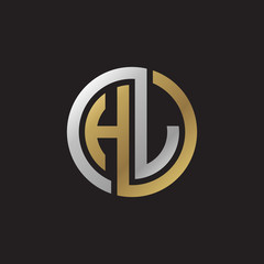 Initial letter HJ, HL, looping line, circle shape logo, silver gold color on black background