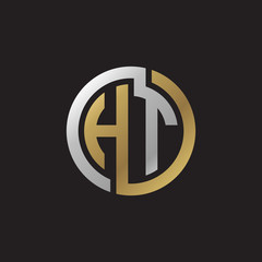 Initial letter HT, looping line, circle shape logo, silver gold color on black background