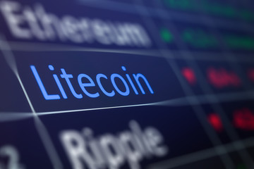 Litecoin crypto currency trading and monitoring LTC values on trading chart of exchange screen. Closeup of financial buying and selling of Litecoin. Copy space.