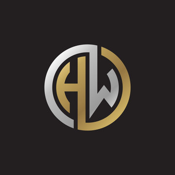 Initial letter HW, looping line, circle shape logo, silver gold color on black background