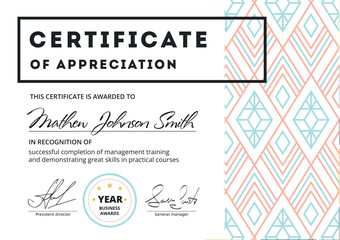 Certificate of appreciation template design. Elegant business diploma layout for training graduation or course completion. Vector background illustration.