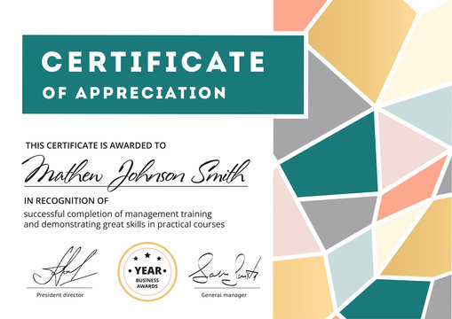 Certificate of appreciation template design. Elegant business diploma layout for training graduation or course completion. Vector background illustration.