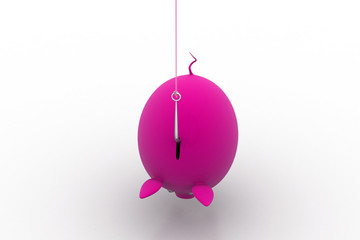 Piggy bank hanging on fish hook
