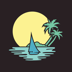 Fototapeta na wymiar Beach. Summer holidays design. Vector illustration. Travel logo. Sun with sea waves. Green palm on seaside. Concept for travel agency, tropical resort, beach hotel, spa. Summer vacation symbol.