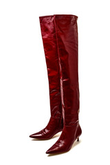 Red leather thigh high kitten heel boots