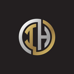Initial letter IH, looping line, circle shape logo, silver gold color on black background