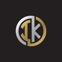 Initial letter IK, looping line, circle shape logo, silver gold color on black background