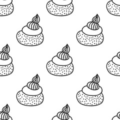 Cakes, sweet dessert. Black and white seamless pattern for coloring book or page.