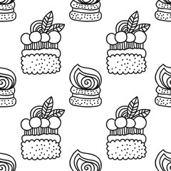 Cakes, sweet dessert. Black and white seamless pattern for coloring book or page.