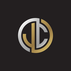 Initial letter JC, looping line, circle shape logo, silver gold color on black background