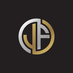 Initial letter JF, looping line, circle shape logo, silver gold color on black background