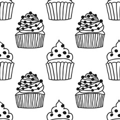 Cakes, sweet dessert. Black and white seamless pattern for coloring book or page.