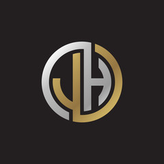 Initial letter JH, looping line, circle shape logo, silver gold color on black background