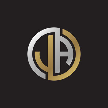 Initial letter JA, looping line, circle shape logo, silver gold color on black background
