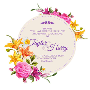Vector watercolor lily rose flower wedding card