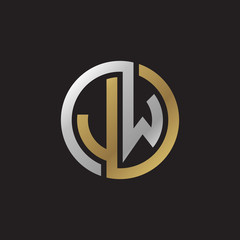 Initial letter JW, looping line, circle shape logo, silver gold color on black background