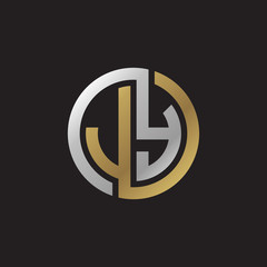 Initial letter JY, looping line, circle shape logo, silver gold color on black background