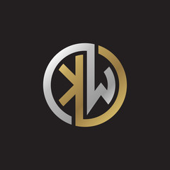 Initial letter KW, looping line, circle shape logo, silver gold color on black background