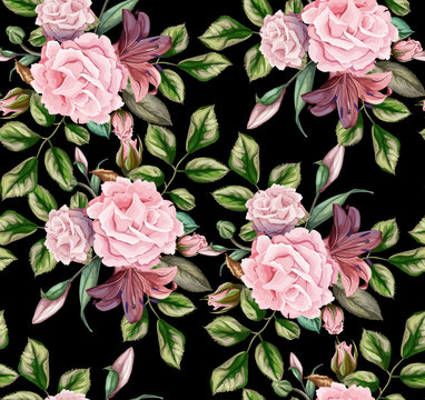 vector rose flower blossom leaf seamless pattern