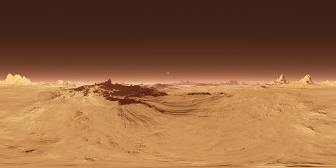 Fototapeta premium 360 Equirectangular projection of Mars sunset. Martian landscape, HDRI environment map. Spherical panorama. 3d illustration