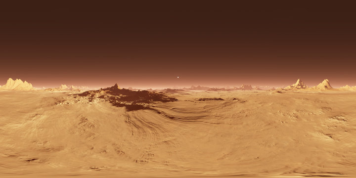 360 Equirectangular projection of Mars sunset. Martian landscape, HDRI environment map. Spherical panorama. 3d illustration