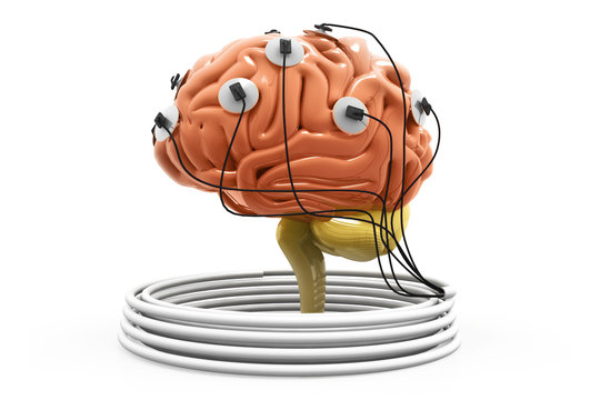 Power of the human mind. Brain analysis concept. Brain connected to the cables.3d render